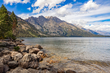 Jenny Lake rocky shore in Grand Teton National Park in Wyoming.の写真素材