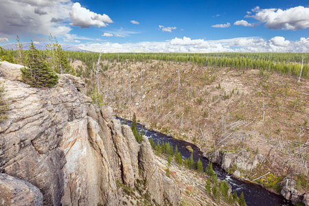 Top of Lewis River Canyon in Yellowstone National Park, Wyoming with mountains, blue sky and clouds in the background.の写真素材