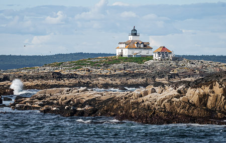 View of the Egg Rock Lighthouse on the Atlantic Ocean coast of Bar Harbor Desert Island Maine, USA.の写真素材