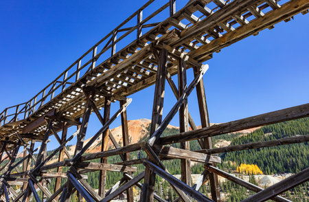 Wooden mining bridge Rocky Mountain landscape. Colorado, USA.