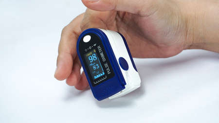 Pulse oximeter used to measure pulse rate and oxygen levelsのeditorial素材