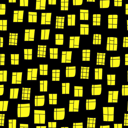 Night windows, seamless pattern. Vector black background of sity with glowing yellow windows in ...