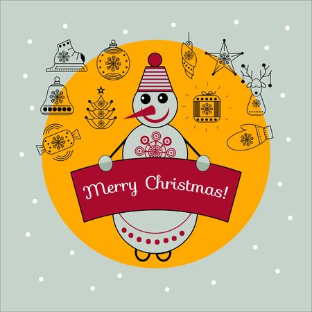 Greeting card with snowman. Vector winter banner, invitation, flyerのイラスト素材