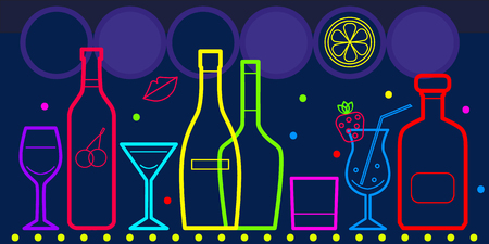 Vector bottles of alcohol and glasses isolated. Neon bright colorful outlines on  dark background. Banner, flyer for bar, restaurant, cafe, pub disco, wine card, menu, map.のイラスト素材