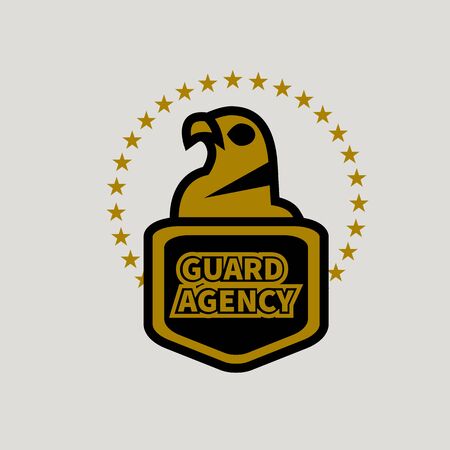 security agency. Vector golden and black eagle with shield and stars isolated. Icon bodyguard, protection. Symbol of protection, guardのイラスト素材