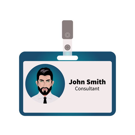Vector ID badge with picture of  young attractive business of  bearded man, brunett consultant.のイラスト素材