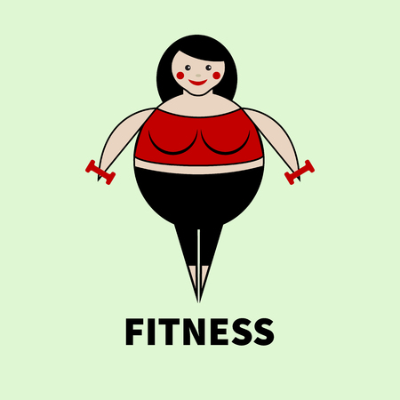 Fat woman exercise. Plus size girl with dumbbells. Vector illustration. Symbol bodypositive. Icon of  healthy lifestyle, fitness.のイラスト素材