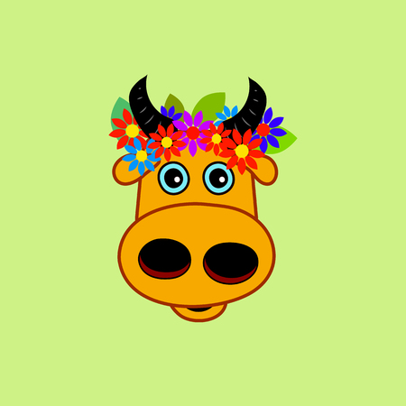 Head cartoon cow with wreath of flowers. Vector illustration.のイラスト素材