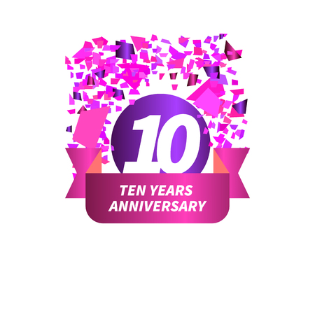 Ten year anniversary. Figure, ribbon, confetti. Vector illustration.のイラスト素材