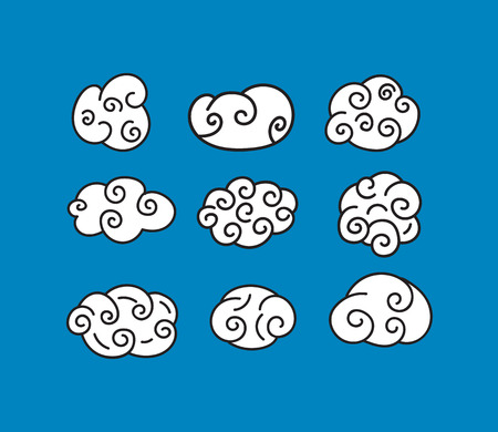 Set of curly white hand drawn clouds. Elements of design. Vector illustration.のイラスト素材