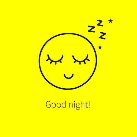 Cute happy sleeping smiley with closed eyes and long eyelashes. Icon good night, restful sleep with sound of z, isolated on yellow background. Vector illustration.のイラスト素材
