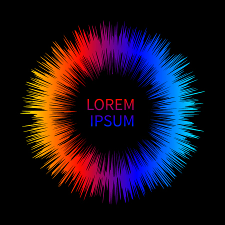 Abstract bright red and blue empty frame in shape of exploding stars, sun with sharp rays isolated. Colorful template for banner, tag, border, label. Vector illustration.のイラスト素材