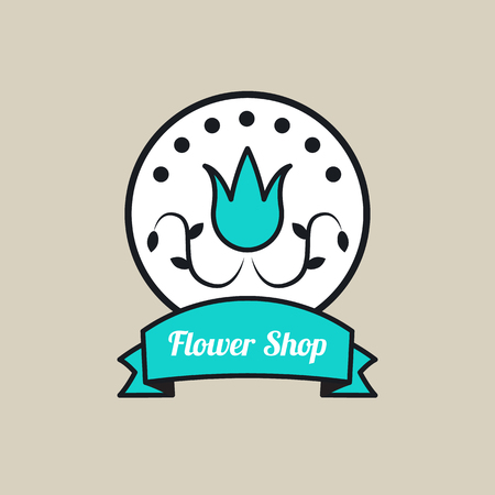 Round logo of flower shop, boutique, florist artist. Icon online order and delivery of fresh flowers, plant. Floral symbol with leaves and stems. Blue tulip in circle with ribbon. Vector illustration.のイラスト素材