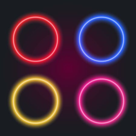 Neon color shining glowing digital light circles isolated. Design tech elements for bar, casino. Empty blank round frame. Vector illustration.のイラスト素材