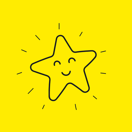 Happy star smiley. Hand drawn line icon good day isolated on yellow. Happy flower emoji, emoticon. Vector illustration.のイラスト素材