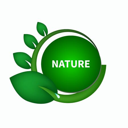 Round green tag, badge, sticker, label, frame with leaves isolated. Sticker for natural organic bio ecological fresh products. Vector illustration.のイラスト素材