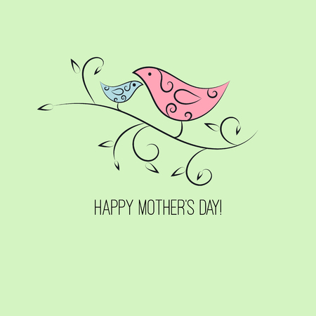Banner happy mothers day. Card with bird and chick sitting on branch with leaves. Vector illustration.のイラスト素材