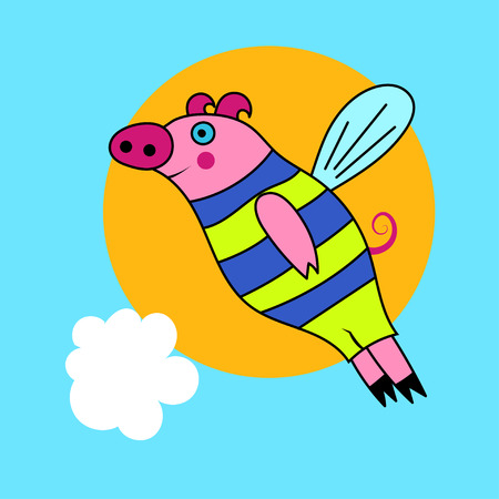 Kind cartoon smiling pig character with wings flying in sky with clouds and sun. Vector illustration.のイラスト素材
