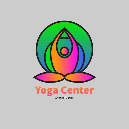 Gradient logo, icon, logotype yoga center isolated. Man sits in lotus position, hands above head in circle. Vector graphic designのイラスト素材