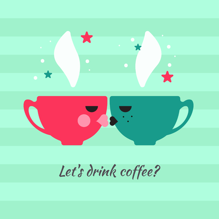 Card two cups of coffee or tea kiss. Vector illustrationのイラスト素材