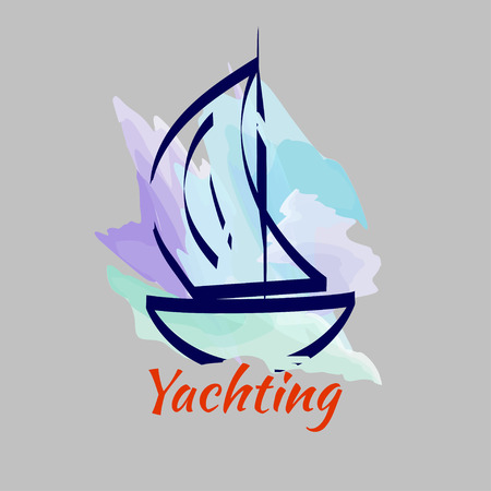 Watercolor sketch of yacht on  background of sky. Logo yacht club. Vector illustrationのイラスト素材