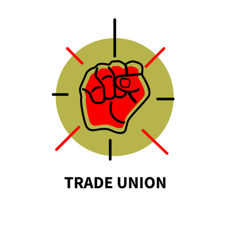 Symbol of trade union movement. Poster with raised red fist. Vector illustrationのイラスト素材