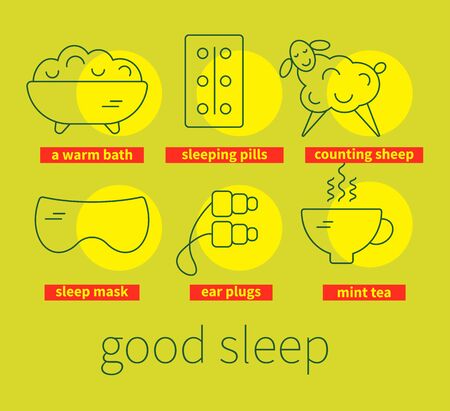 Set of icons treatment of insomnia, sheep, sleeping pills, ear plugs, mask, hot bath, warm mint tea. Vector illustrationのイラスト素材