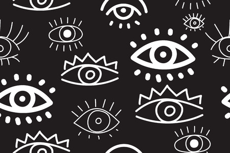 Hand drawn monochrome doodles collection eyes on black background. Seamless pattern with eyes. Vector illustrationのイラスト素材