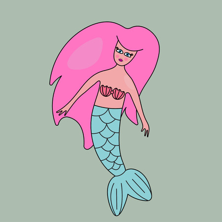 Mermaid with pink hair in style of kids drawing isolated on white. Hand drawn cartoon vector illustrationのイラスト素材
