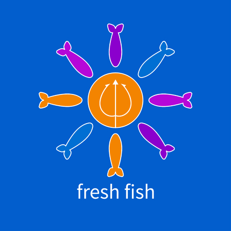 Icon fish shop. Fish around trident. Circle color badge, badge, label. Vector illustrationのイラスト素材