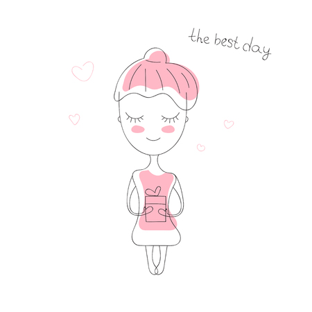 Little cute girl holding gift. Vector illustrationのイラスト素材