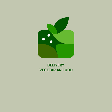 Box of vegan food. Green logo delivery of vegetarian dishes. Gift with leaves. Logotype for organic products isolated. Vector illustrationのイラスト素材