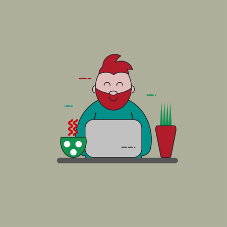 Flat cartoon character of bearded hipster programmer, designer with laptop and work space isolated. Vector illustrationのイラスト素材
