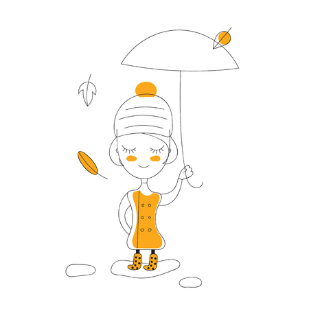 Little cute girl in rubber boots, coat, hat and umbrella walking through the puddles in the fall. Vector illustrationのイラスト素材
