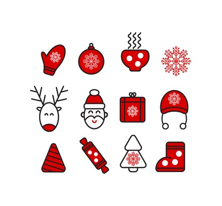 Christmas icon set. Christmas icons vector. Santa claus, reindeer, xmas tree, ball, snowflake, stocking, cup. Stock vectorのイラスト素材