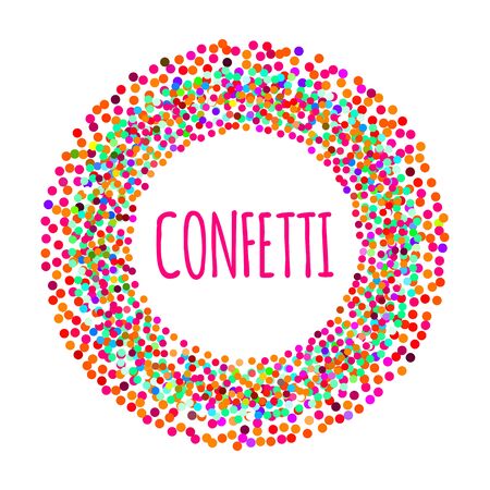 Festive frame with confetti. Round banner for birthday. Circle with color dots for holiday. Vector illustrationのイラスト素材