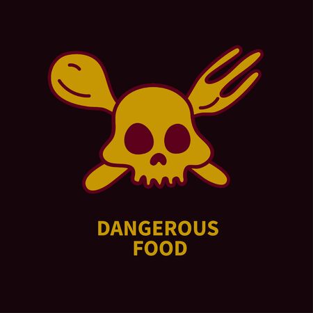 Icon food poisoning. Vector illustration of  dangerous diet. Sketch skull with crossed spoon and fork.のイラスト素材