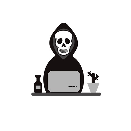 Icon hacker. Death works at computer. Data theft, security, hack. Vector illustrationのイラスト素材