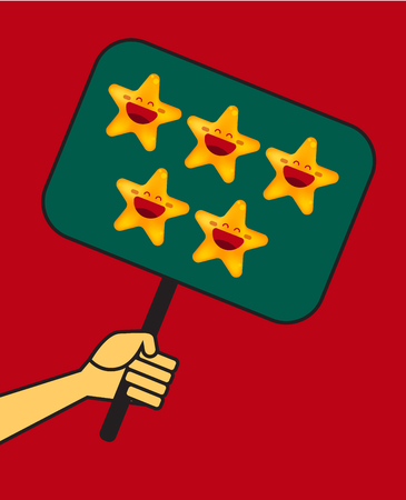 Hand holds plate with five stars. Concept of rating, opinions, evaluation. Vector illustrationのイラスト素材