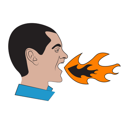 Man with flame in his mouth. Concept of heartburn, bad breath. Angry, aggressive man shouting.のイラスト素材