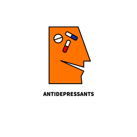 Icon antidepressants. Treatment of depression. Smiling man with pills and tablets in head. Vector illustrationのイラスト素材