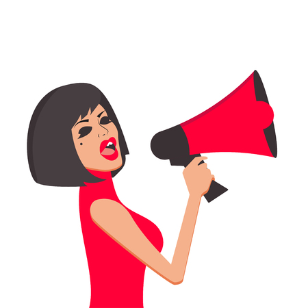 Girl shouts in megaphone. Woman holding loudspeaker. Advertising, ad, discount, special offer Vector illustrationのイラスト素材