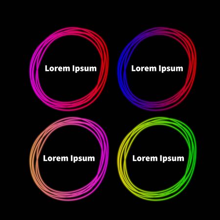 Set hand drawn neon circles. Bright glowing banners, frames, labels for night club, bar.のイラスト素材