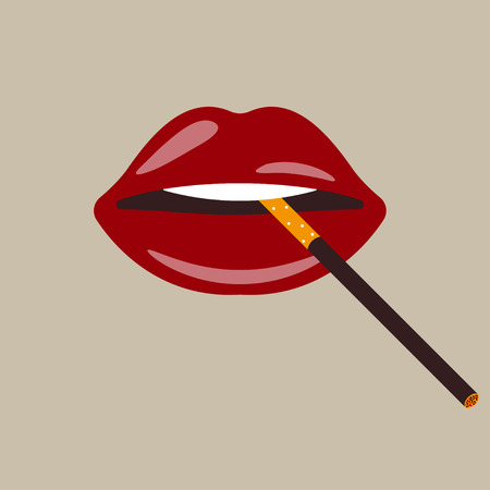 Beautiful red lips of woman with a cigarette. Vector illustration, printのイラスト素材