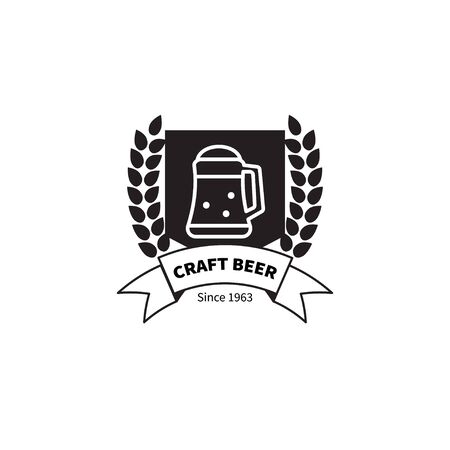 Stamp craft beer. Shield with mug of beer, ribbon and ears of wheat, logo or icon of brewery, bar, vector illustrationのイラスト素材
