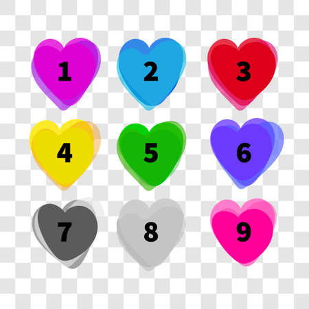 Paint stains in shape of hearts color spots. Set of colorful vector banners with numberingのイラスト素材