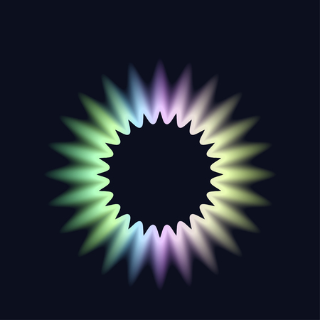 Neon circle. Bright blur halo, cosmic round frame, abstract techno banner, aura, star, glowing ring on black background. Vector illustrationのイラスト素材