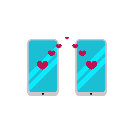 Dating site, love chat, dating, two smartphones with hearts. Vector illustrationのイラスト素材