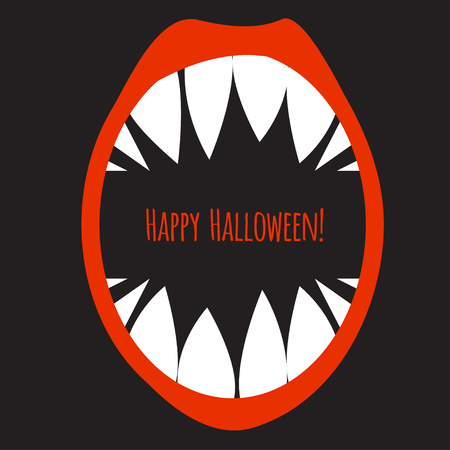 Open mouth monster with sharp teeth, happy halloween poster. Vector illustrationのイラスト素材