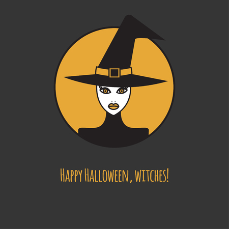 Beautiful witch, happy halloween card, witch in hat, tag Halloween. Vector illustrationのイラスト素材